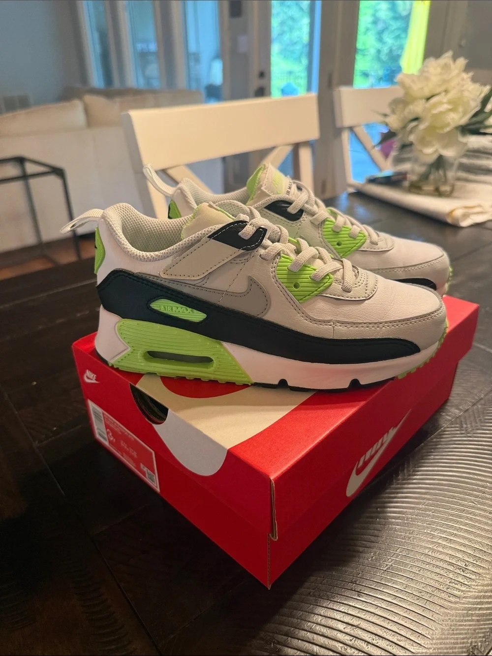 Nike Kids' Air Max 90 Eason(PS) in Light Gray, Black & Neon Green